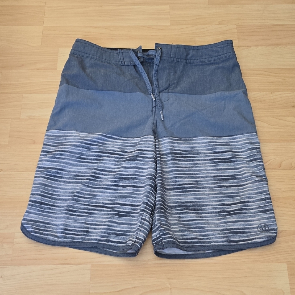 Hang Ten Board Shorts Boys Blue/Gray Striped Swim Short Size 14/16